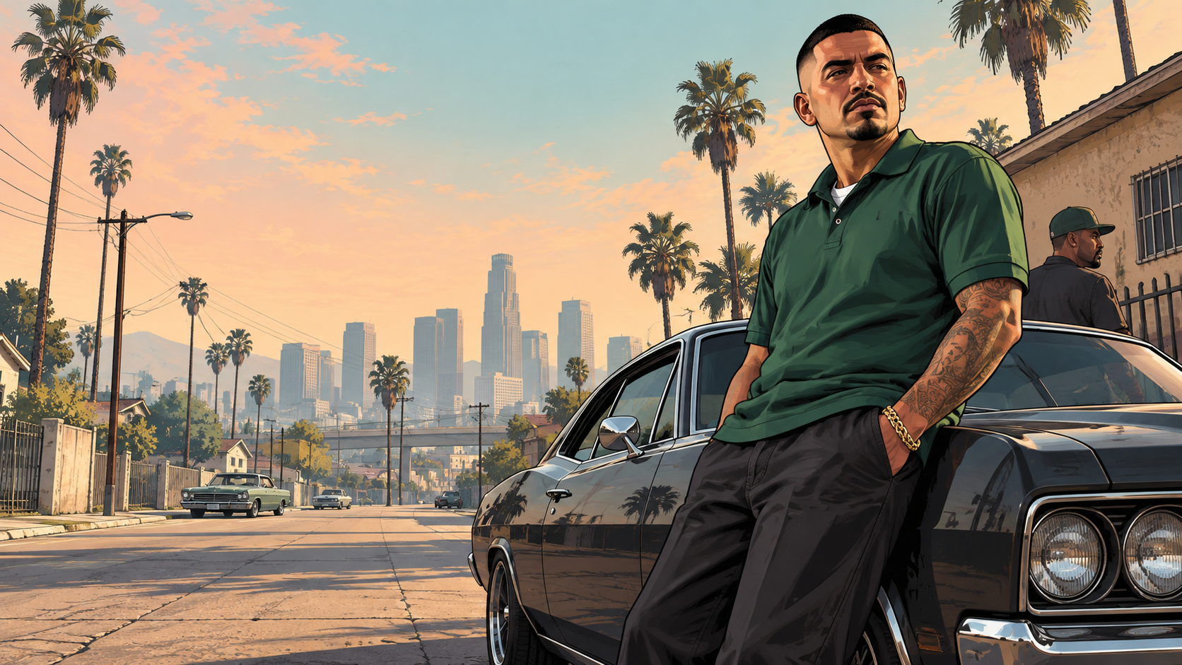 GTA-style illustration of two characters and a black muscle car on a palm-lined Los Santos street
